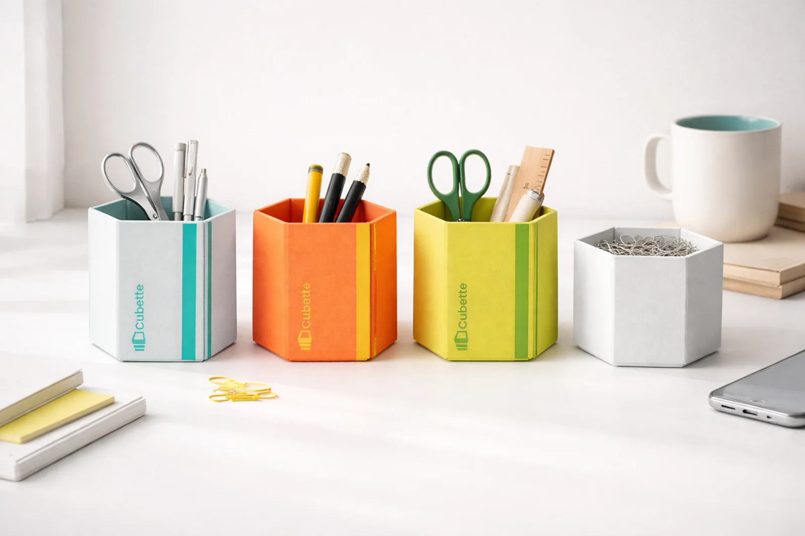 Cubette arranged with everyday desktop essentials